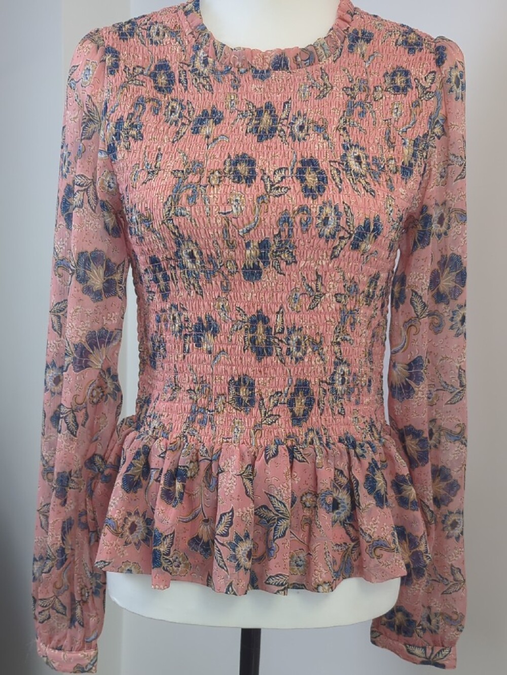 Patrons of Peace Boho Smocked Peplum Floral Blouse Pink Blue Cottagecore LARGE - Picture 6 of 13
